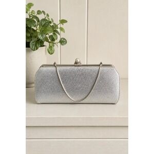 Vintage Silver Glitter Evening Clutch Pearl Clasp Chain Strap Wedding Formal